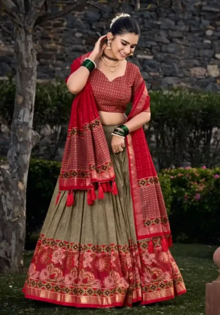 Mehendi Colour Floral and Foil Printed Hyderabadi Lehenga Choli