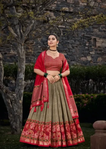 Mehendi Colour Floral and Foil Printed Hyderabadi Lehenga Choli
