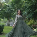 Mehendi Colour Zari & Sequins Embroidered Designer Gown