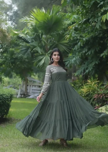 Mehendi Colour Zari & Sequins Embroidered Designer Gown
