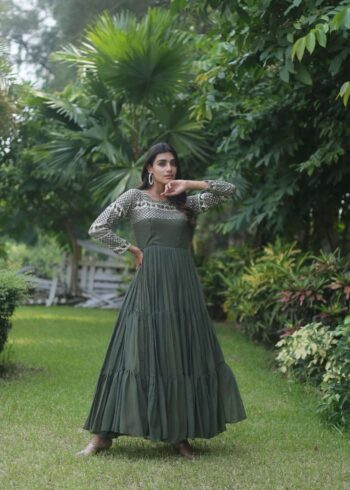 Mehendi Colour Zari & Sequins Embroidered Designer Gown