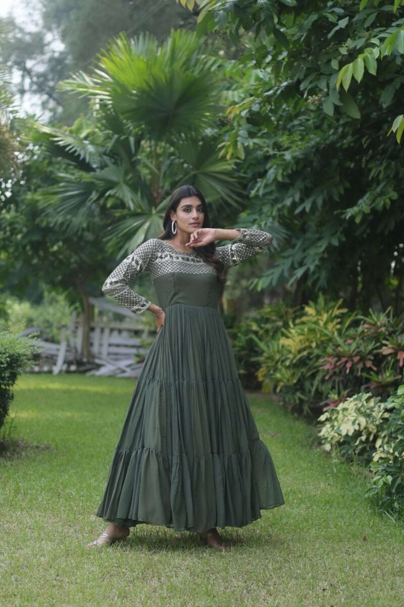 Mehendi Colour Zari & Sequins Embroidered Designer Gown