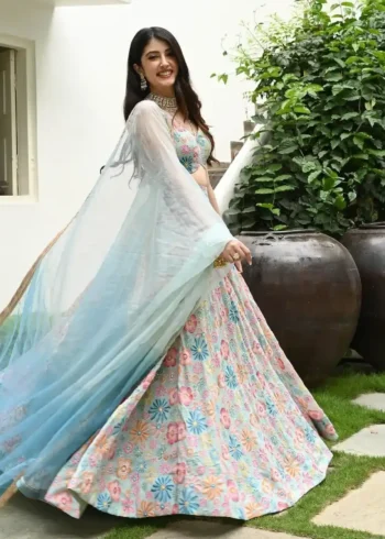Multi Colour Printed Muslin Silk Lehenga Choli for Party