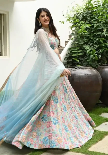 Multi Colour Printed Muslin Silk Lehenga Choli for Party