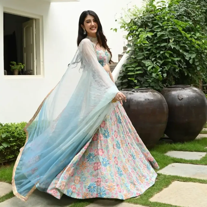 Multi Colour Printed Muslin Silk Lehenga Choli for Party