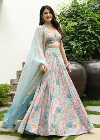 Multi Colour Printed Muslin Silk Lehenga Choli for Party