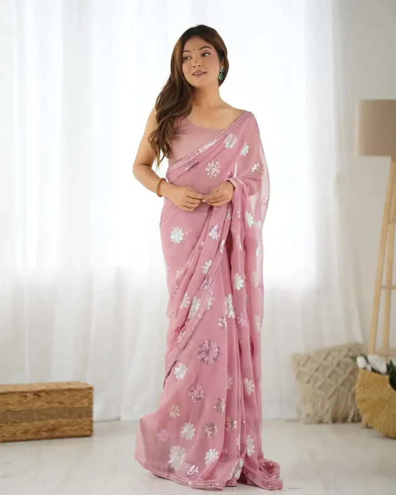 Floral Multi Colour Sequins Work Georgette Saree