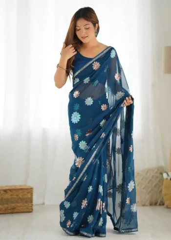 Floral Multi Colour Sequins Work Georgette Saree