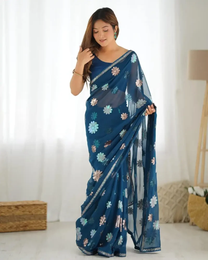 Floral Multi Colour Sequins Work Georgette Saree