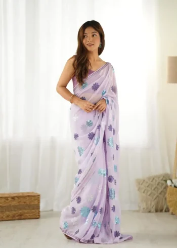 Floral Multi Colour Sequins Work Georgette Saree