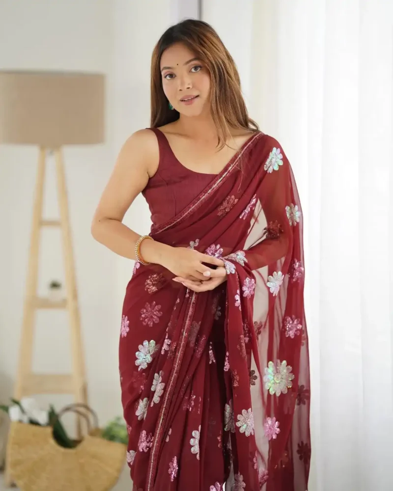 Multi Colour Sequins Work Geogette Saree for Party