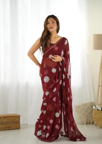 Floral Multi Colour Sequins Work Georgette Saree
