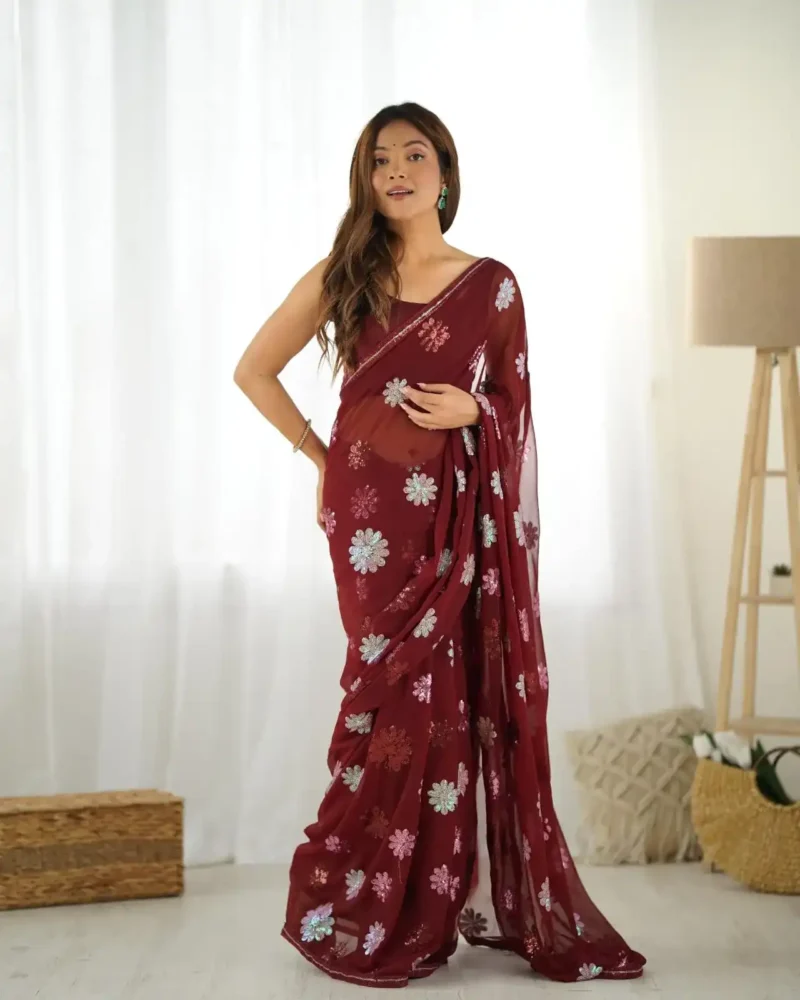 Floral Multi Colour Sequins Work Georgette Saree