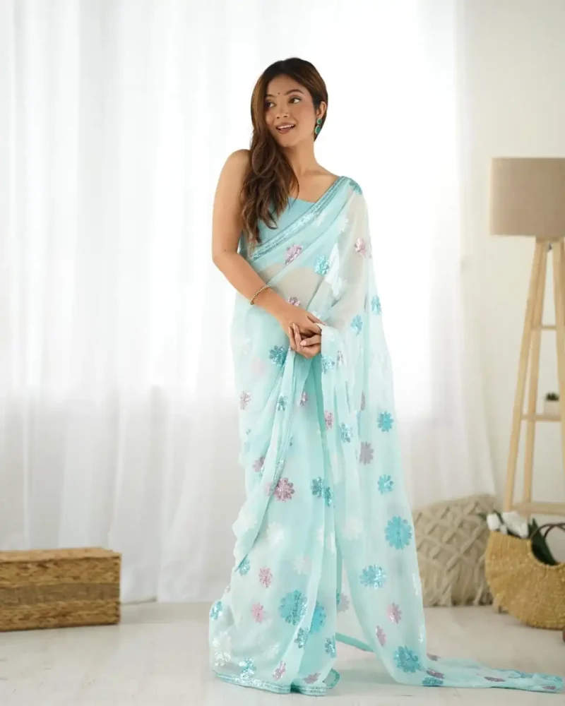 Multi Colour Sequins Work Geogette Saree for Party