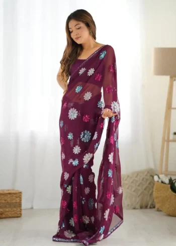 Multi Colour Sequins Work Geogette Saree for Party
