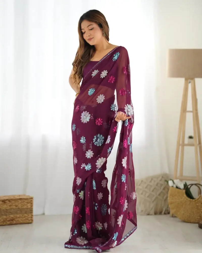 Multi Colour Sequins Work Geogette Saree for Party