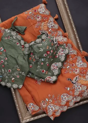 Orange Colour Multi Embroidery Work Rangoli Silk Party wear saree