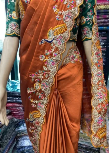 Orange Colour Multi Embroidery Work Rangoli Silk Party wear saree