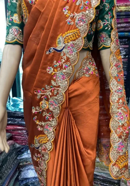 Orange Colour Multi Embroidery Work Rangoli Silk Party wear saree