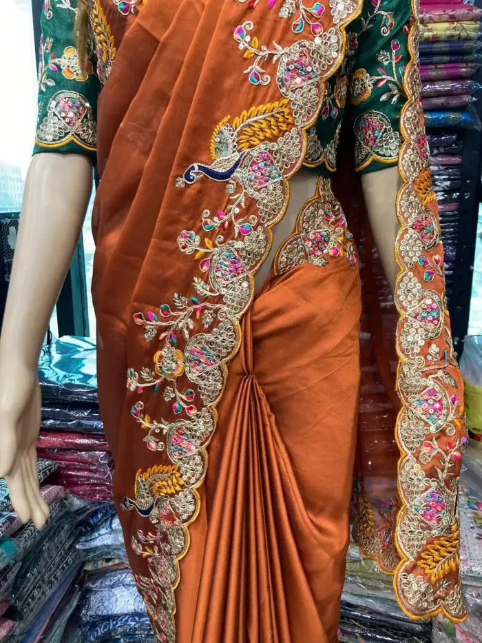 Orange Colour Multi Embroidery Work Rangoli Silk Party wear saree