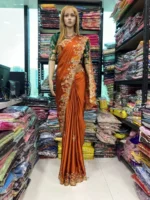 Orange Colour Multi Embroidery Work Rangoli Silk Party wear saree