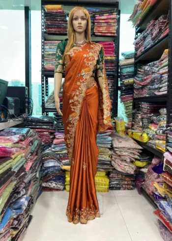 Orange Colour Multi Embroidery Work Rangoli Silk Party wear saree