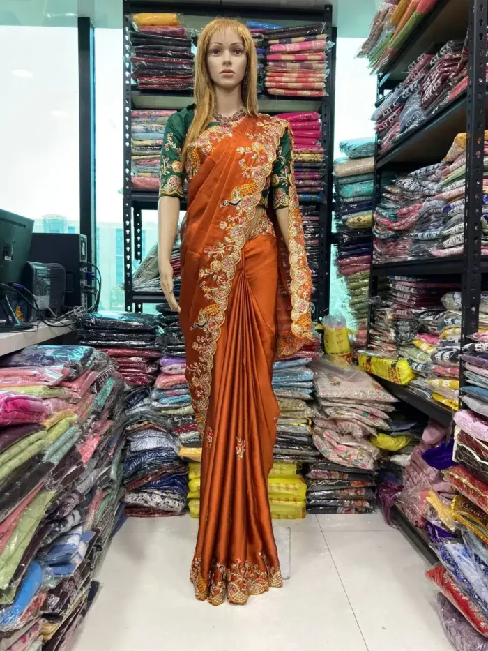 Orange Colour Multi Embroidery Work Rangoli Silk Party wear saree