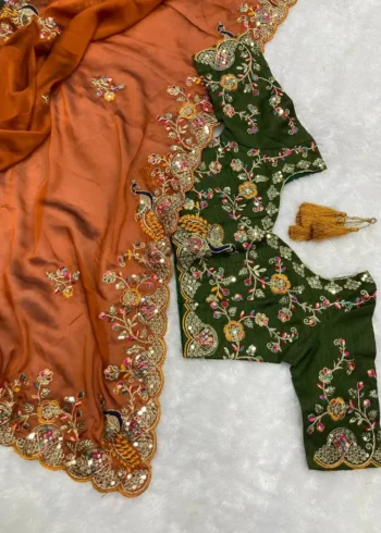 Orange Colour Multi Embroidery Work Rangoli Silk Party wear saree