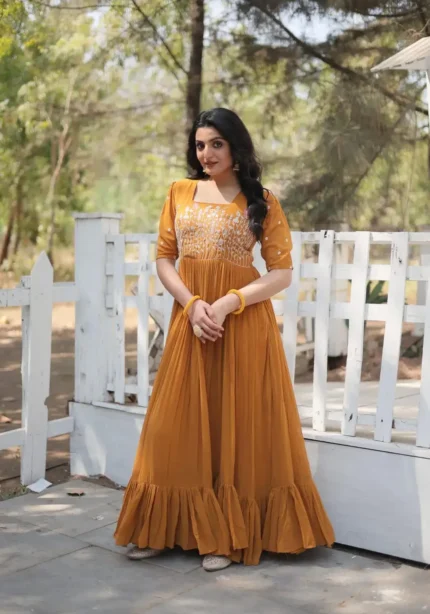 Mustard Yellow Multi Thread Embroidered Designer Gown for women