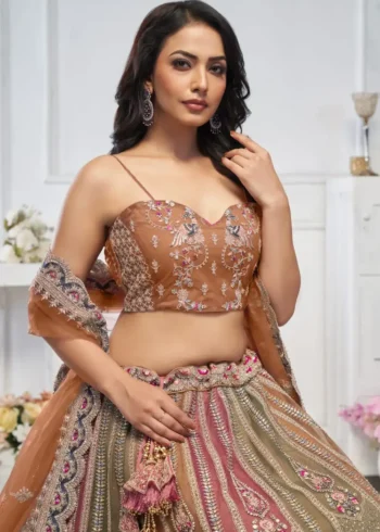 Majestic Multi Colour Zari Weaving Net Bridal Lehenga Choli