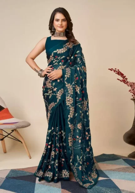 Navy Blue All over Embroidery Work Wedding Saree