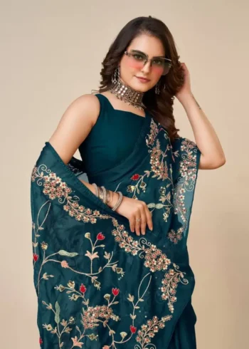 Navy Blue All over Embroidery Work Wedding Saree