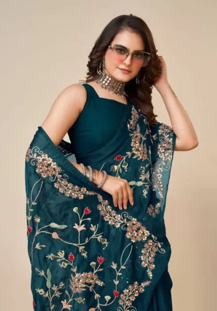 Navy Blue All over Embroidery Work Wedding Saree