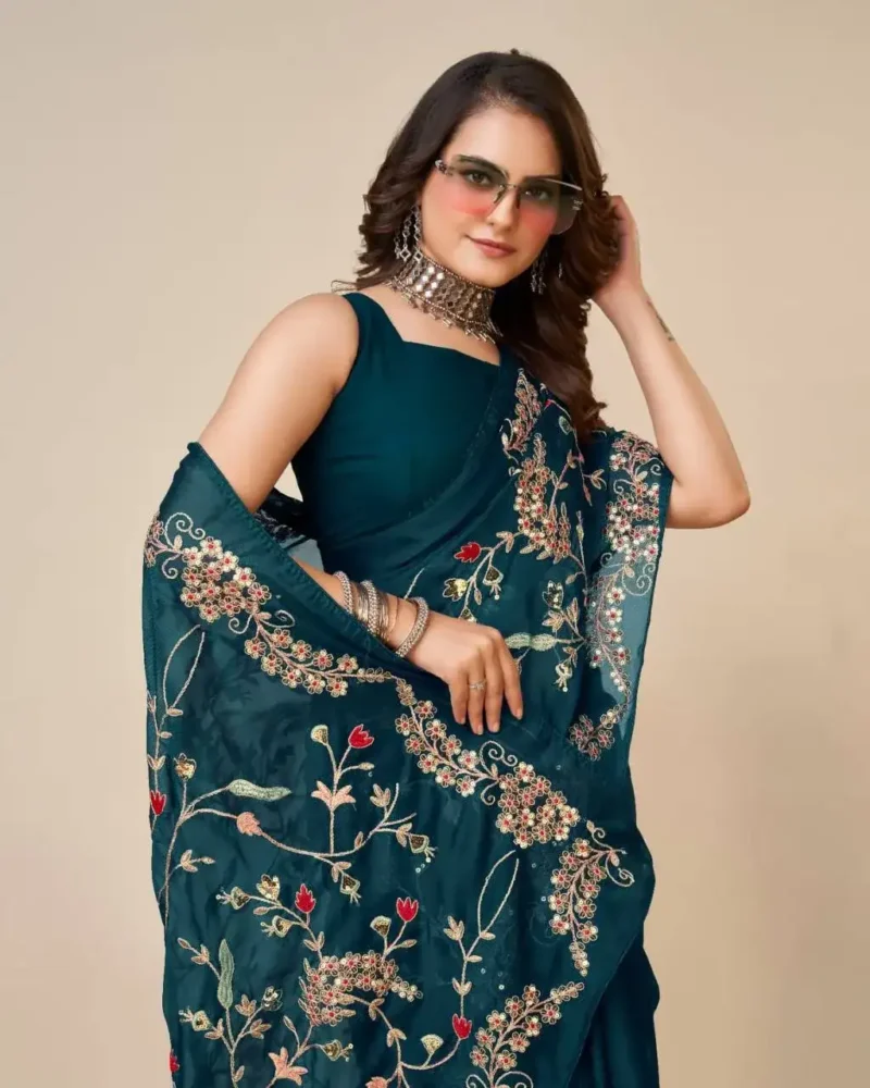 Navy Blue All over Embroidery Work Wedding Saree