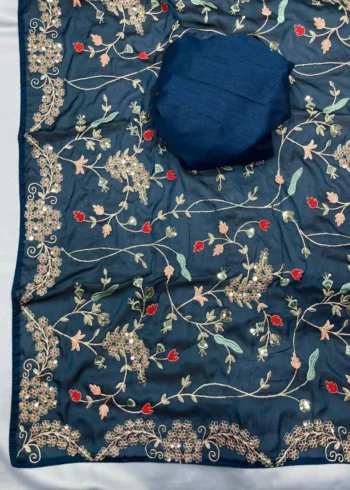 Navy Blue All over Embroidery Work Wedding Saree