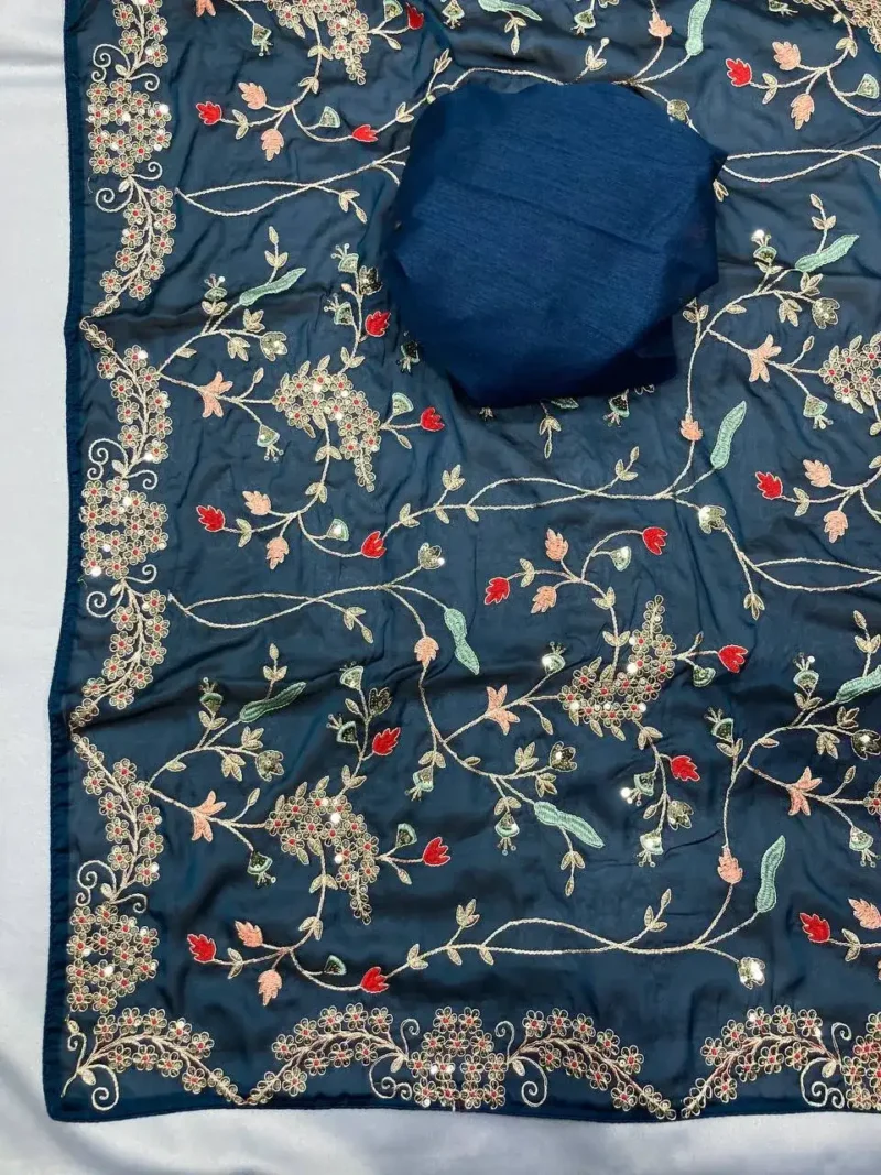 Navy Blue All over Embroidery Work Wedding Saree