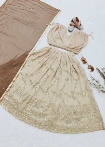 Cream Sequins Embroidered Faux Georgette Kids Lehenga Choli