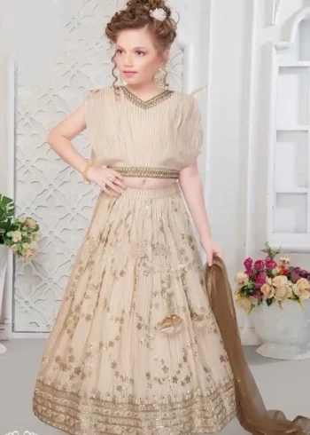 Cream Sequins Embroidered Faux Georgette Kids Lehenga Choli