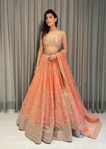 Orange Devsena Silk Embroidered Party Wear and Wedding Lehenga