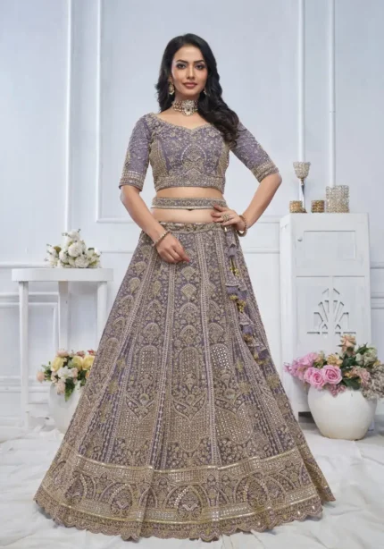 Paisley Flower Border & Motif Design Sequins Embroidered Lehenga for Brides and Engagement