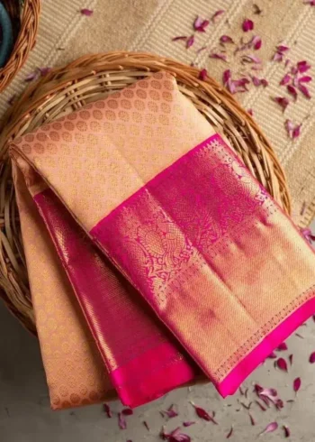Peach Zari Work Banarasi Silk Wedding Saree