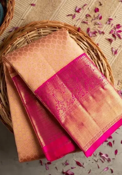 Peach Zari Work Banarasi Silk Wedding Saree