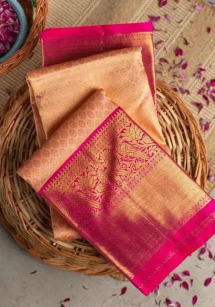 Peach Zari Work Banarasi Silk Wedding Saree