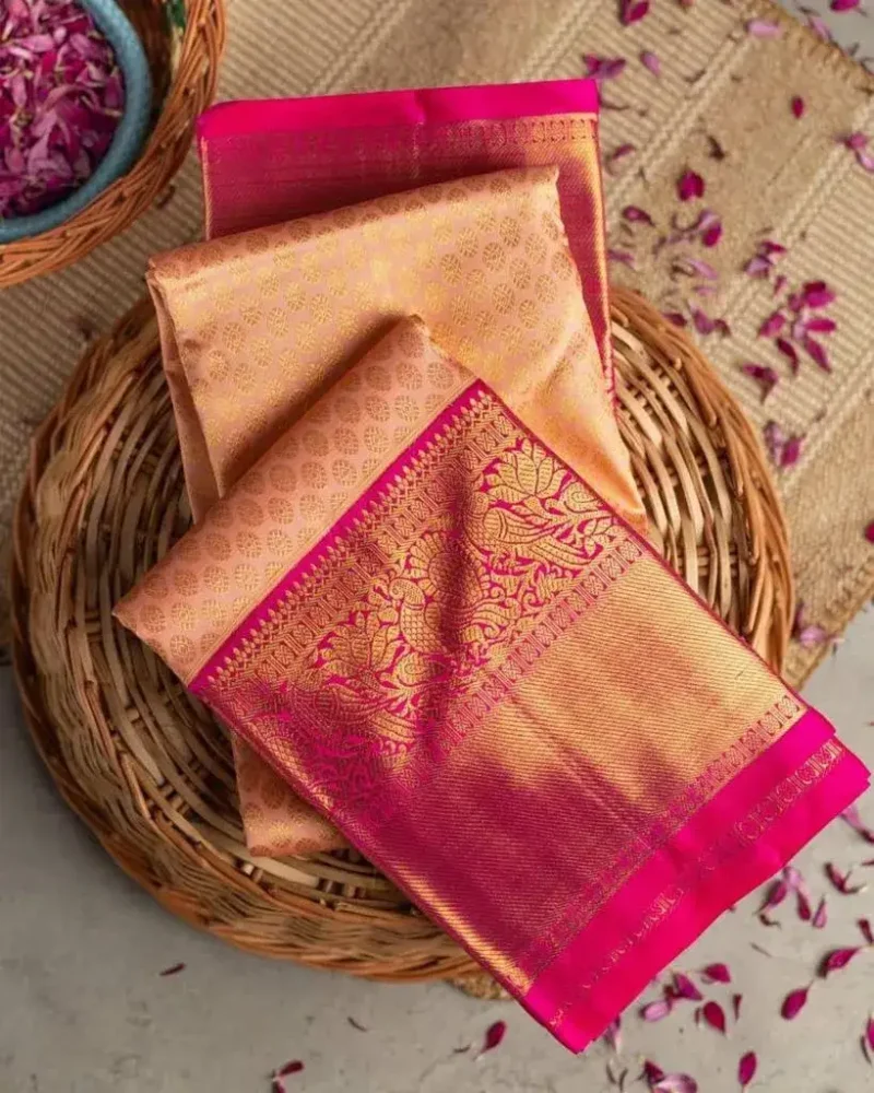 Peach Zari Work Banarasi Silk Wedding Saree