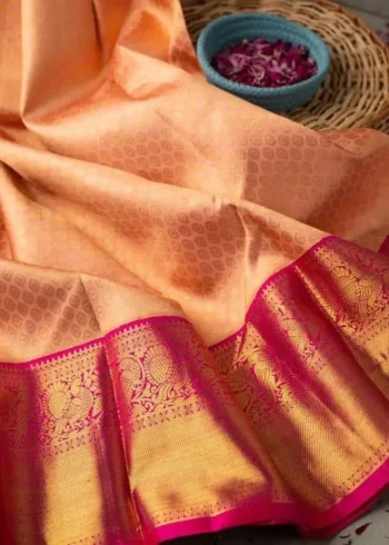 Peach Zari Work Banarasi Silk Wedding Saree