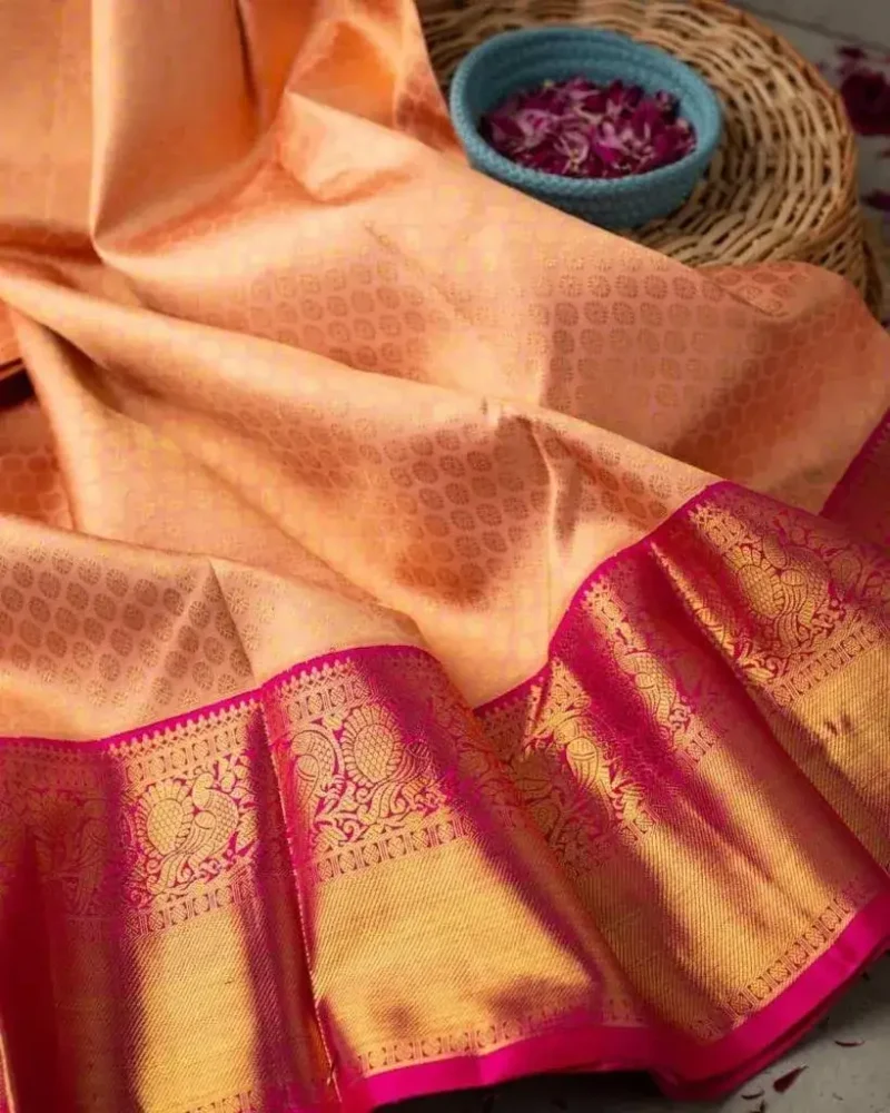 Peach Zari Work Banarasi Silk Wedding Saree