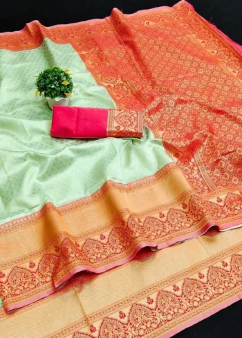 Pista Green Zari Work Banarasi Silk Saree