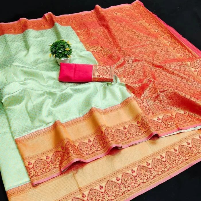 Pista Green Zari Work Banarasi Silk Saree