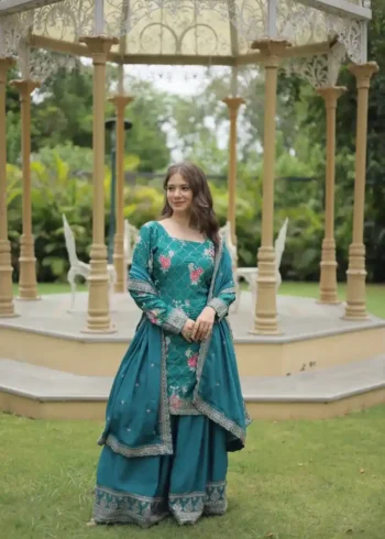 Printed Sequins & Thread Embroidered Kurti Palazzo with Dupatta