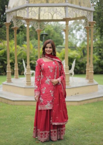 Printed Sequins & Thread Embroidered Kurti Palazzo with Dupatta
